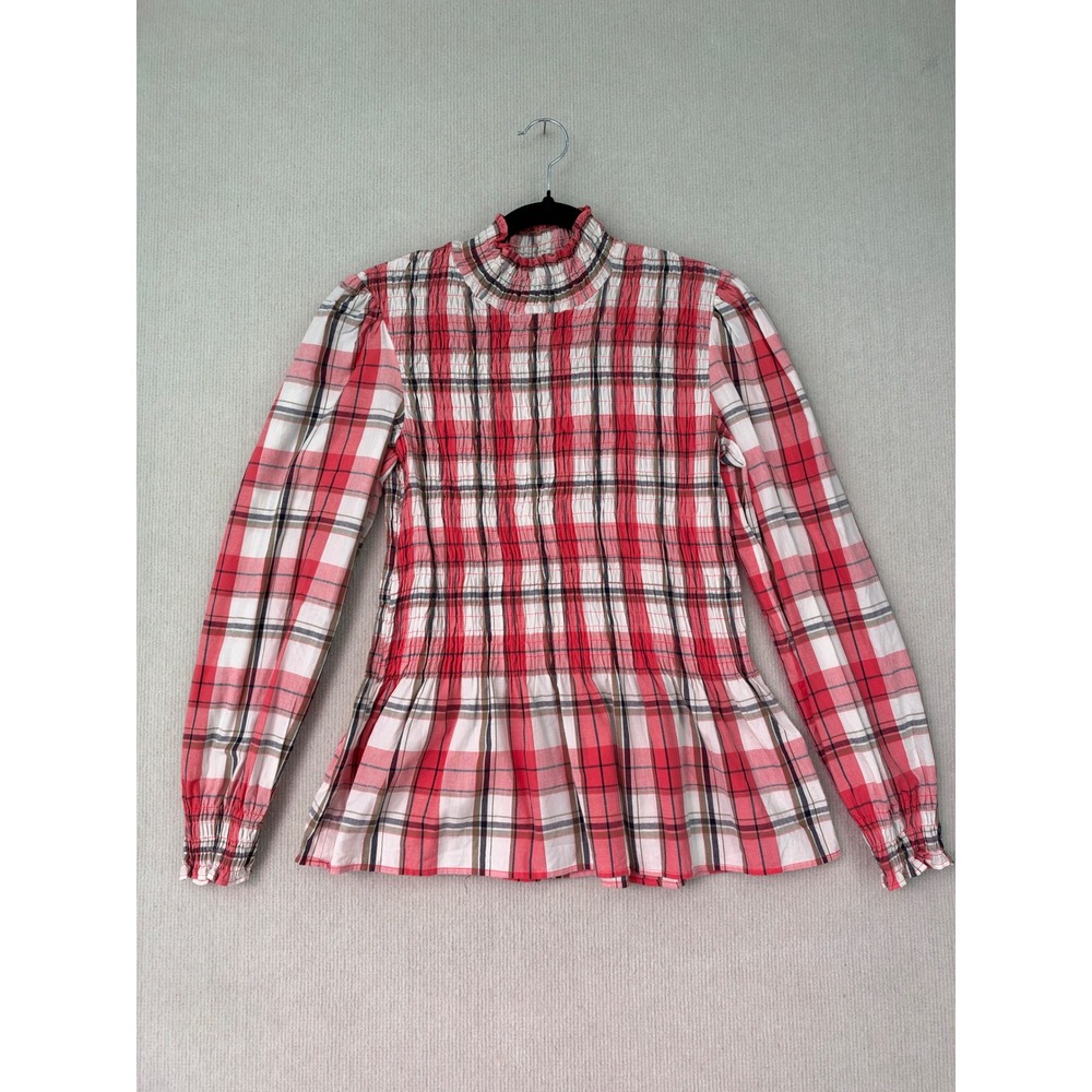 Zara Woman Plaid Smocked Blouse M Red White Ruffle High Neck Peplum Cottagecore